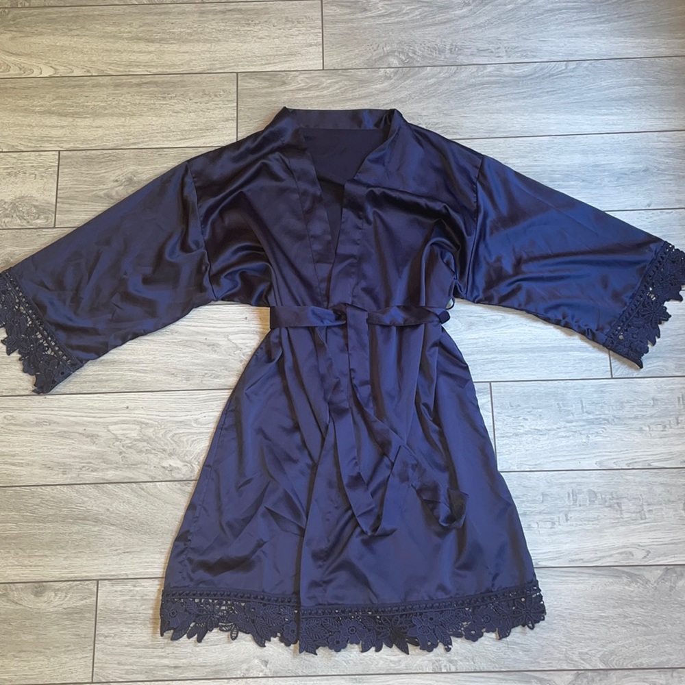 Navy blue embroidered dressing robe